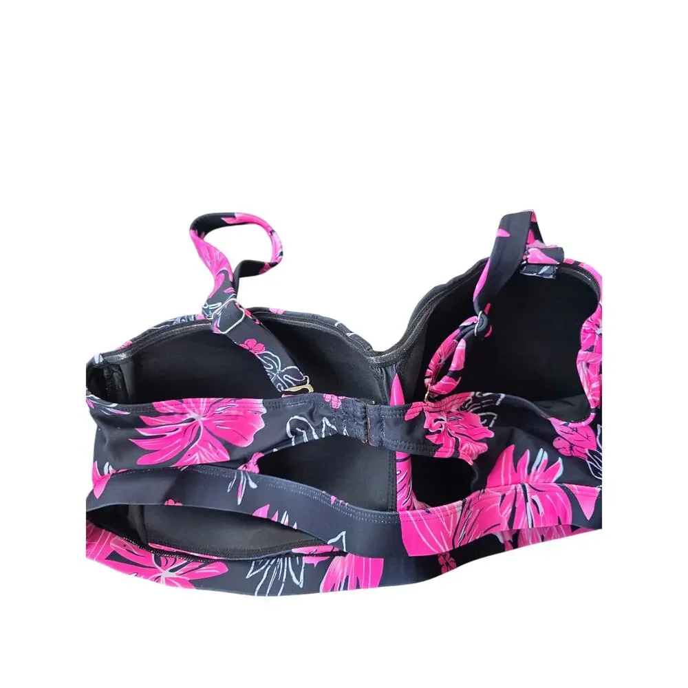 Yonique Bikini Swim Top 22 Womens Plus Size‎ Black Pink Padded Tropical Beachy